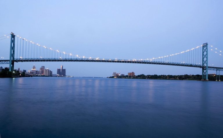 The Ambassador Bridge stands between Detroit, Michigan, U.S., and Windsor, Ontario, Canada in this handout photo taken on Sept. 3, 2007. Billionaire Manuel Moroun, who bought the 81-year-old Ambassador  Bridge from Warren Buffett more than three decades ago, is fighting a plan championed by Michigan Governor Rick Snyder to build a public competitor to the busiest U.S.-Canada border crossing. Source: Detroit International Bridge Company via Bloomberg
EDITOR'S NOTE: EDITORIAL USE ONLY. NO SALES.
