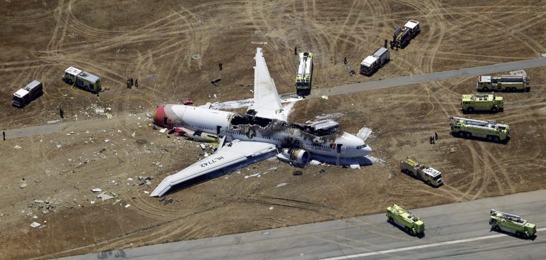 FILE - In this Saturday, July 6, 2013 aerial file photo, the wreckage of the Asiana Flight 214 airplane is seen after it crashed at the San Francisco International Airport in San Francisco. According to an investigative report released Wednesday, Dec. 11, 2013 the Asiana Airlines captain who crashed the airplane in July told investigators he was 