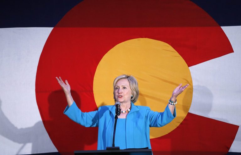 Democratic presidential candidate Hillary Clinton speaks to supporters during a campaign rally in Denver. (AP Photo/Brennan Linsley)
