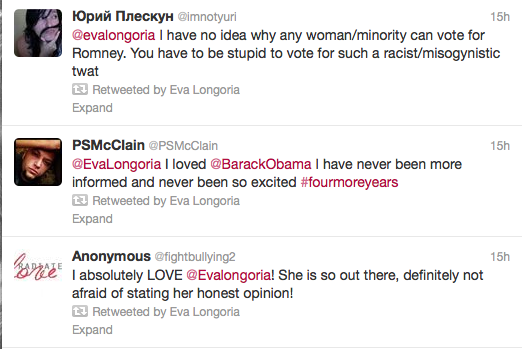 Obama campaign co-chair Eva Longoria promotes vulgar anti-Romney tweet