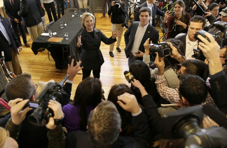 Democratic presidential candidate Hillary Rodham Clinton speaks to members of the media after meeting with small business owners, Tuesday, May 19, 2015, at the Bike Tech cycling shop in Cedar Falls, Iowa. (AP Photo/Charlie Neibergall)