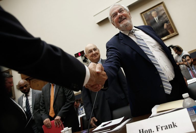 Former House Financial Services Committee chairman Barney Frank greets former colleagues prior to testifying before the House Financial Services Committee July 23, 2014 on Capitol Hill in Washington. (Photo by Win McNamee/Getty Images)