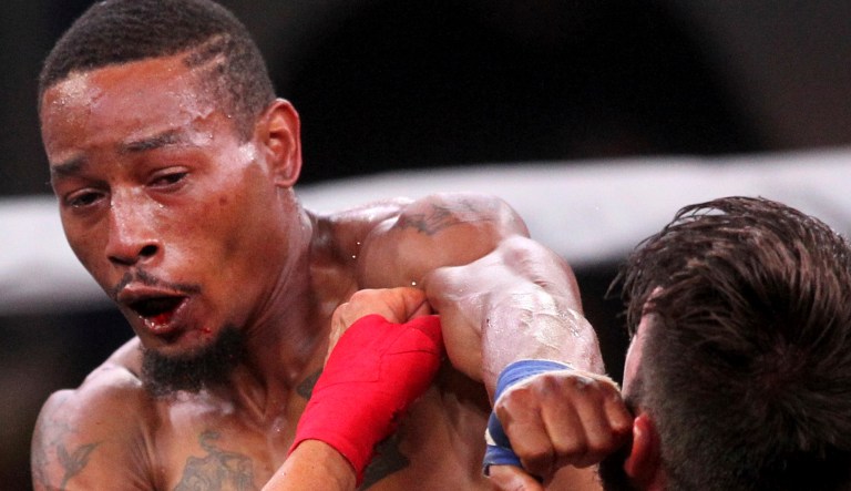 Reggie Barnett, left, fights Travis Thompson at 135 pounds during the Bare Knuckle Fighting Championship on Saturday, June 2, 2018, in Cheyenne, Wyo. The night was promoted as the first sanctioned bare-knuckle fighting in more than a century.