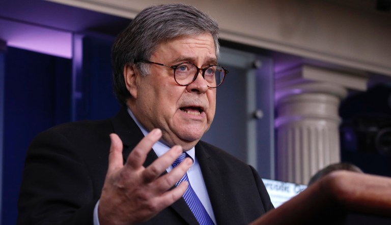 Attorney General William Barr speaks about the coronavirus in the James Brady Press Briefing Room of the White House, Wednesday, April 1, 2020, in Washington.
