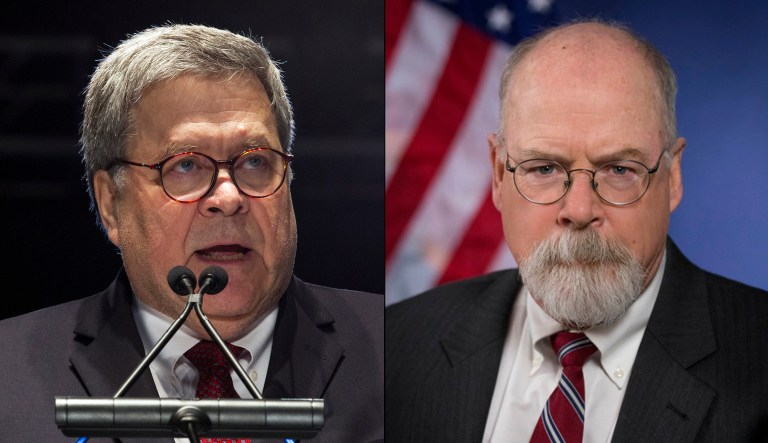 Attorney General William Barr (left) and U.S. Attorney John Durham (right) are shown.
