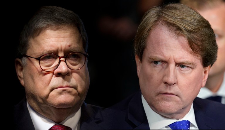 William Barr (left) and Don McGahn (right) are seen.