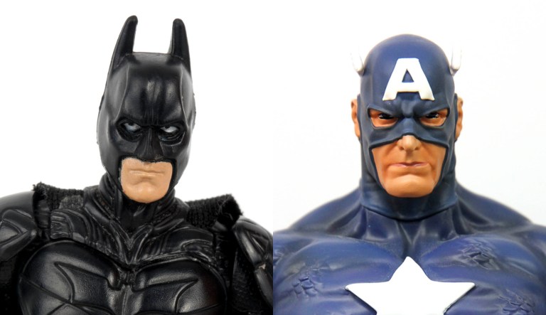 Batman and Captain America figurines are shown.