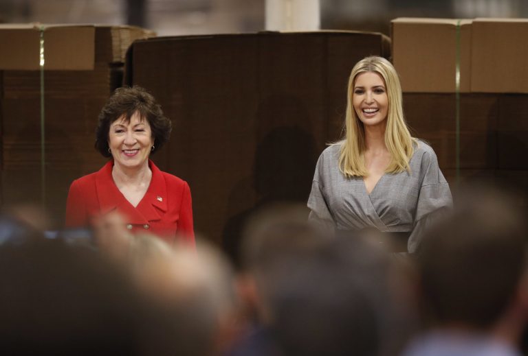 U.S. Sen. Susan Collins, left, and White House advisor Ivanka Trump arrive at a forum on tax reform at Volk Packaging, Friday, Nov. 10, 2017, in Biddeford, Maine. (AP Photo/Robert F. Bukaty)