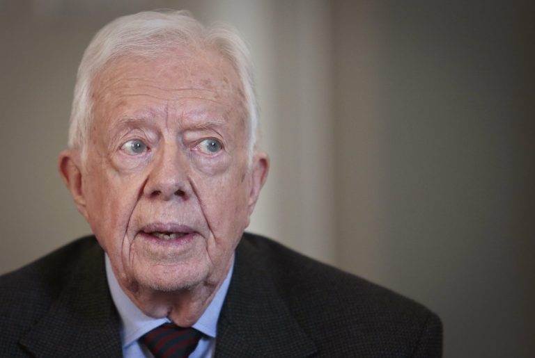FILE - In this Monday, March 24, 2014, file photo, former U.S. President Jimmy Carter speaks during an interview, in New York. On the Ã?Late Show with David LettermanÃ? Monday, March 24, 2014, Carter said the Crimean annexation was Ã?inevitableÃ? because Russia considers it to be part of their country and so many Crimeans consider themselves Russian. He also said Russian President Vladimir Putin shouldnÃ?t be permitted to go any further. (AP Photo/Bebeto Matthews, File)