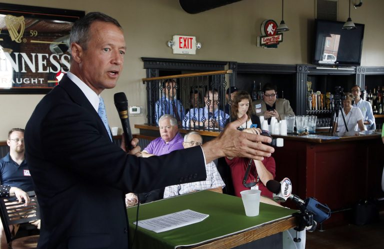 Democratic presidential candidate former Maryland Gov. Martin O'Malley speaks during a campaign stop with the Greater Derry-Londonderry Chamber of Commerce Wednesday, July 8, 2015, in Derry, N.H. (AP Photo/Jim Cole)