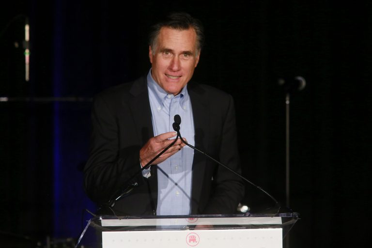 Mitt Romney speaks to fellow Republicans at a dinner during the Republican National Committee's Annual Winter Meeting aboard the USS Midway on January 16, 2015 in San Diego, Calif. (Photo by Sandy Huffaker/Getty Images)