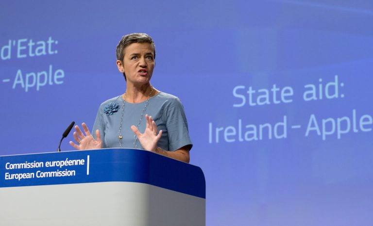 European Union Competition Commissioner Margrethe Vestager speaks during a media conference at EU headquarters in Brussels on Tuesday, Aug. 30, 2016. (AP Photo)