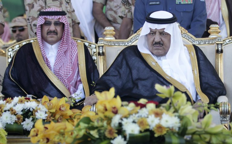   FILE - In this Tuesday, Nov. 1, 2011 file photo, Saudi's Crown Prince - Interior minister Nayef bin Abdul-Aziz, right, and his son, deputy to the Saudi Interior Minister, Prince Mohammed bin Nayef, attend a ceremony of the Saudi armed forces, as they prepare for the influx of people to participate in the annual Hajj, in Arafat 15 kilometers outside of Mecca, Saudi Arabia. The Saudi royal family said Saturday, June 16, 2012 that Crown Prince Nayef has died. He was in his late 70s. Nayef was the hard-line interior minister who spearheaded Saudi Arabia's fierce crackdown crushing al-Qaida's branch in the country and then rose to become next in line to the throne. (AP Photo/Hassan Ammar, File)  