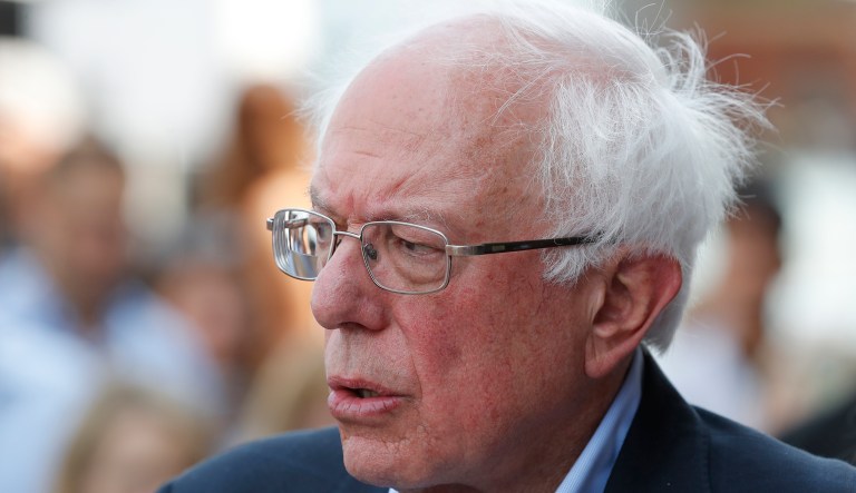 Democratic presidential candidate, Sen. Bernie Sanders, I-Vt., addresses the media outside the Olde Walkersville Pharmacy, Sunday, July 28, 2019, in Windsor, Ont.