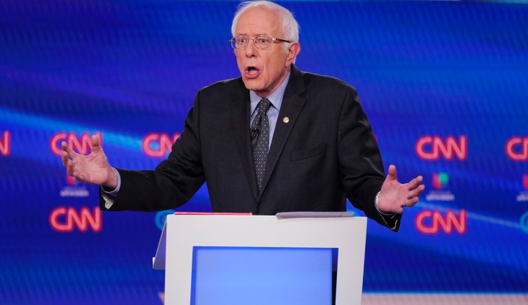 Independent presidential candidate Sen. Bernie Sanders, I-Vt., speaks during the We the People Membership Summit, featuring the 2020 Democratic presidential candidates, at the Warner Theater, in Washington, Monday, April 1, 2019.