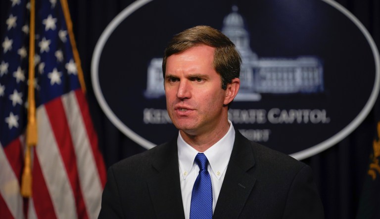 Kentucky Democratic Governor Andy Beshear speaks to the press at the Capitol in Frankfort, Ky., Wednesday, Feb. 19, 2020.