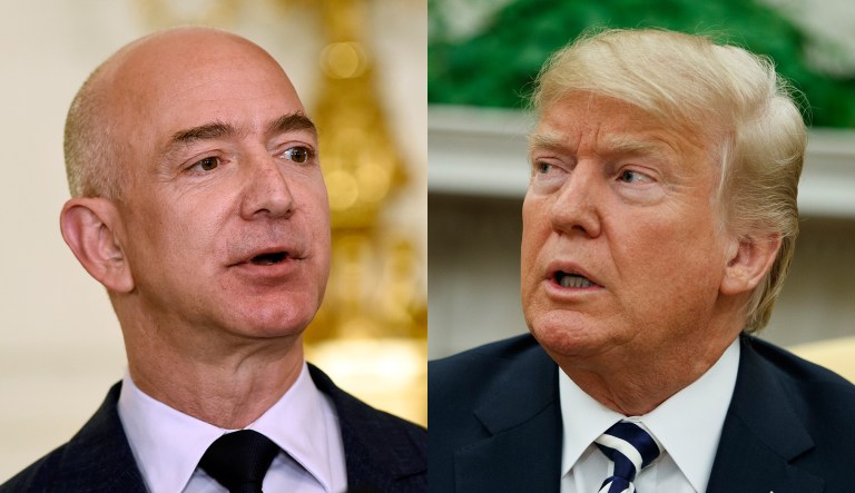 Jeff Bezos (left) and President Trump are pictured.