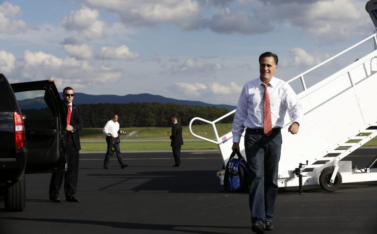 Republican presidential candidate Mitt Romney arrives at Weyers Cave-Shenandoah Valley Airport in Weyers Cave, Va. (AP photo)