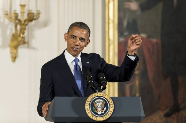 WASHINGTON, DC - JULY 10:  U.S. President Barack Obama addresses the audience before presenting the 2012 National Medals of Arts and Humanities during a ceremony in the East Room of the White House on July 10, 2013 in Washington, DC. The National Medals of Arts and Humanities are the hightest awards given for the arts.  (Photo by Pete Marovich/Getty Images)