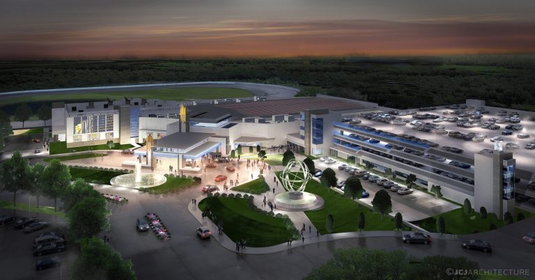 This artist's rendition released in Oct 2013 by Penn National Gaming shows the company's casino at its proposed location in Plainville, Mass. The Massachusetts Gaming Commission voted by a 3-2 margin to offer a license to the company for the state's first and only slots parlor with a maximum of 1,250 slot machines, but no table games. (AP Photo/Penn National Gaming)