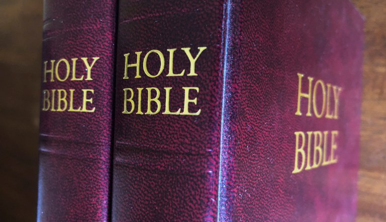 In this July 5, 2019 Bibles are displayed in Miami. Religious publishers say President Trump's most recently proposed tariffs on Chinese imports could result in a Bible shortage.