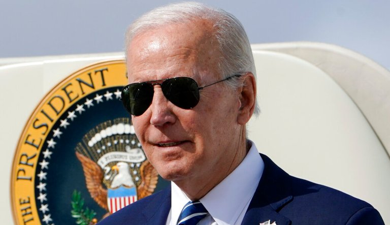 President Joe Biden exits Air Force One as he arrives Hancock Field Air National Guard Base in Mattydale, N.Y., Thursday, Oct. 27, 2022. Biden traveling to visit the Micron chip facility in Syracuse, N.Y. 