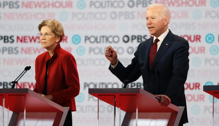 Democratic presidential candidate Sen. Bernie Sanders, I-Vt., left, former Vice President Joe Biden, center, and Sen. Elizabeth Warren, D-Mass., participate in a Democratic presidential primary debate hosted by CNN/New York Times at Otterbein University, Tuesday, Oct. 15, 2019, in Westerville, Ohio. 
