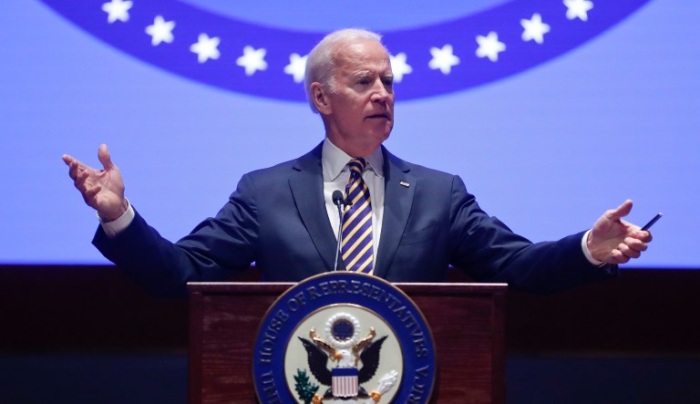 Former Vice President Joe Biden speaks to the House Democratic Issues Conference on Capitol Hill in Washington, Wednesday, Feb. 7, 2018.