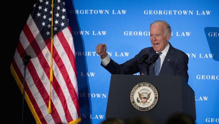Vice President Joe Biden speaks at Georgetown Law School in Washington, Thursday, March 24, 2016. Biden is pointing to his years as Senate Judiciary Committee chairman to cast Republicans' election-year Supreme Court blockade as a dangerous new escalation of partisanship. In a speech at Georgetown Law School, Biden, took credit for moving eight Supreme Court nominees through the committee and to a vote on the Senate floor.   