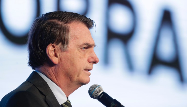 Brazil's President Jair Bolsonaro speaks at the opening of the Brazilian Steel Congress, in Brasilia, Brazil, Wednesday, Aug. 21, 2019. 