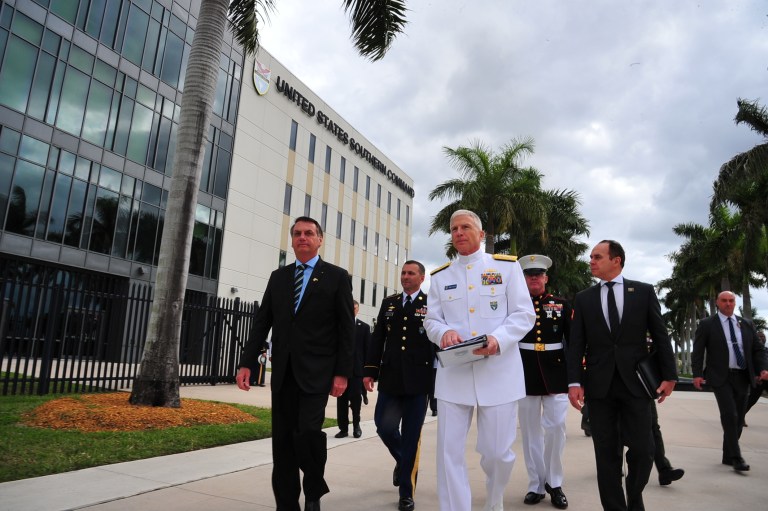 Brazilian President Jair Bolsonaro walks with U.S. Southern Commandâs Commander, Navy Adm. Craig Faller, during a visit to SOUTHCOM headquarters. Bolsonaro visited SOUTHCOM to meet with U.S. military leaders to discuss the growing U.S.-Brazil defense partnership.