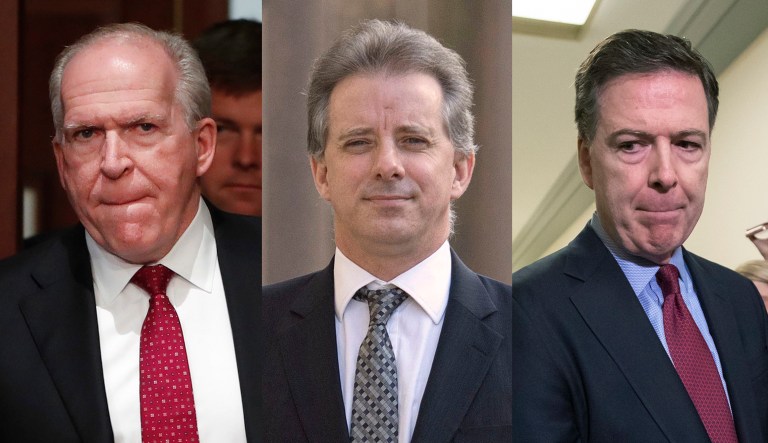 The following are shown from left to right: John Brennan, Christopher Steele, and James Comey.