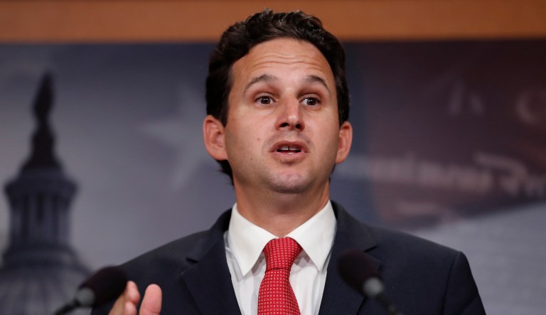 FILE - In this May 24, 2017, file photo, Sen. Brian Schatz, D-Hawaii, speaks during a news conference on Capitol Hill in Washington. A timeline shows Hawaii officials botched efforts to immediately correct a false missile alert over the weekend. Schatz said Wednesday, Jan. 17, 2018, that Gov. David Ige has a "tough decision in front of him" in terms of leadership changes and that restoring the public's confidence in the alert system is critical.