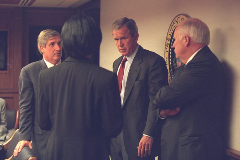 President Bush with Vice President Cheney and senior staff in the President's Emergency Operations Center (The U.S. National Archives)