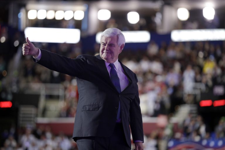 Former House Speaker Newt Gingrich gives his thumb up during the third day session of the Republican National Convention in Cleveland, Wednesday, July 20, 2016. (AP Photo/John Locher)