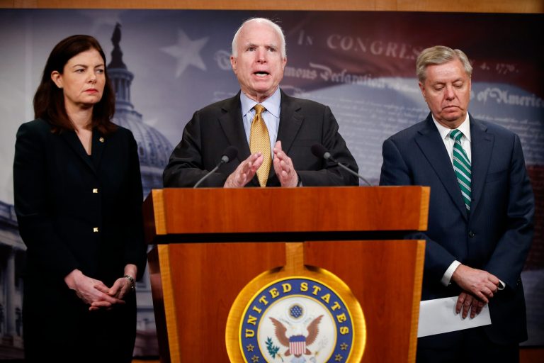 Senate Armed Service Committee Chairman Sen. John McCain, R-Ariz., center, accompanied by fellow committee members, Sen. Kelly Ayotte, R-N.H., left, and Sen. Lindsey Graham, R-S.C., speaks during a news conference on Capitol Hill in Washington, Thursday, March 26, 2015, to talk about the situation in Yemen. (AP Photo/Andrew Harnik)