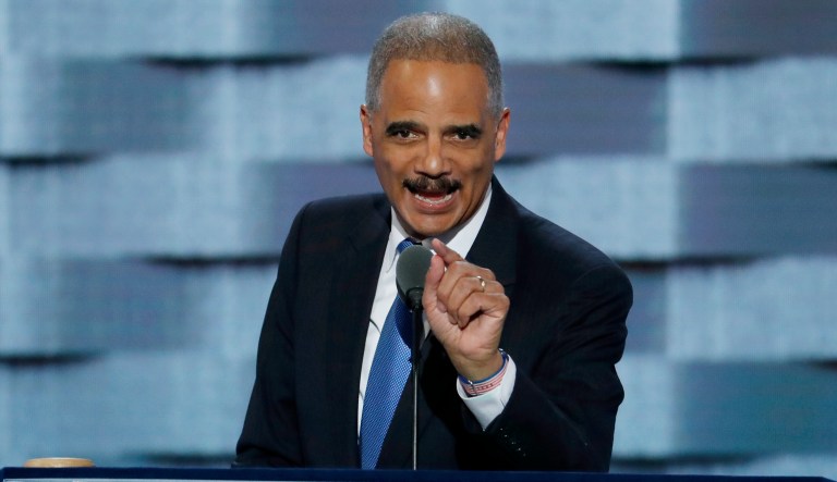"Nope. Not letting this go. The FBI's reputation is not in 'tatters.' It's composed of the same dedicated men and women who have always worked there and who do a great, apolitical job. You'll find integrity and honesty at FBI headquarters and not at 1600 Penn Ave right now," Eric Holder tweeted Sunday. (AP Photo/J. Scott Applewhite)