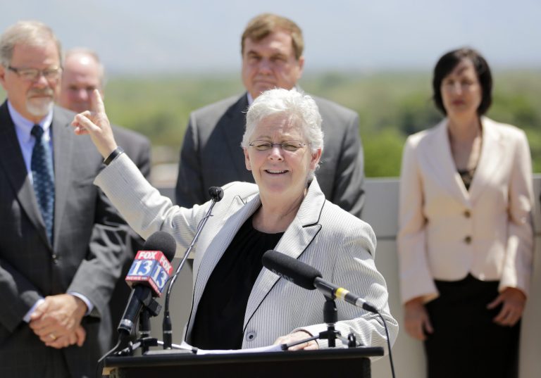 U.S. Environmental Protection Agency administrator Gina McCarthy makes remarks during a news conference Wednesday, May 21, 2014, in Salt Lake City. The head of the EPA was in Salt Lake City Tuesday to talk about the agency's efforts to reduce carbon pollution. The Utah appearance by EPA administrator McCarthy is her first stop in a three-city tour that also includes Seattle and Portland. She is meeting with politicians, local leaders and business people as the EPA tries to implement President Barack Obama's climate-change plan. (AP Photo/Rick Bowmer)