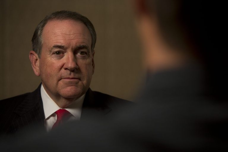 Republican presidential hopeful Mike Huckabee looks on during an interview with The Associated Press in Jerusalem, Wednesday, Aug. 19, 2015. (AP Photo/Sebastian Scheiner)