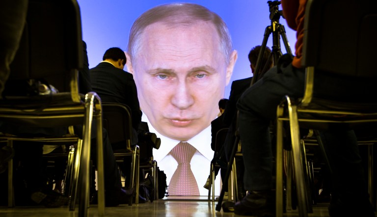 Russian President Vladimir Putin gave his annual state of the nation address Thursday. (AP Photo/Alexander Zemlianichenko)