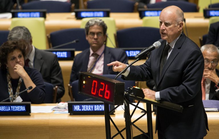 In this Sept. 23, 2014 file photo, California Gov. Jerry Brown speaks during the Climate Summit at United Nations headquarters. Incumbent Brown faces Republican Neel Kashkari, a former U.S. Treasury official who has never held elective office, in the November election.(AP Photo/Craig Ruttle)