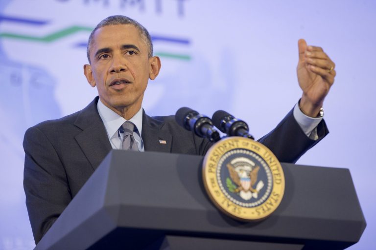 President Barack Obama during his news conference at US African Leaders Summit, Wednesday, Aug. 6, 2014 at the State Department in Washington. Obama and dozens of African leaders opened talks Wednesday on two key issues that threaten to disrupt economic progress on the continent: security and government corruption. (AP Photo/Pablo Martinez Monsivais)