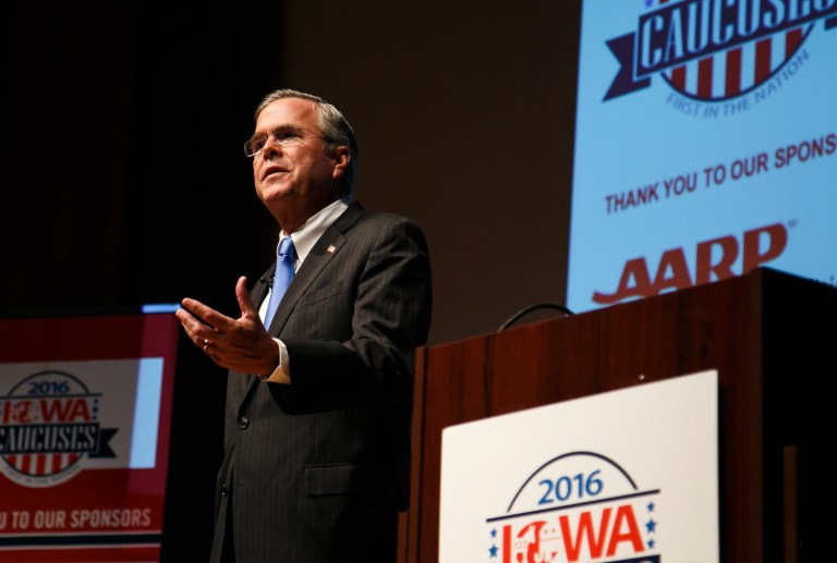 Republican presidential candidate JebÂ Bush momentarily mistook his campaign for a super PAC supporting his candidacy.Â (Brian Powers/The Des Moines Register via AP)