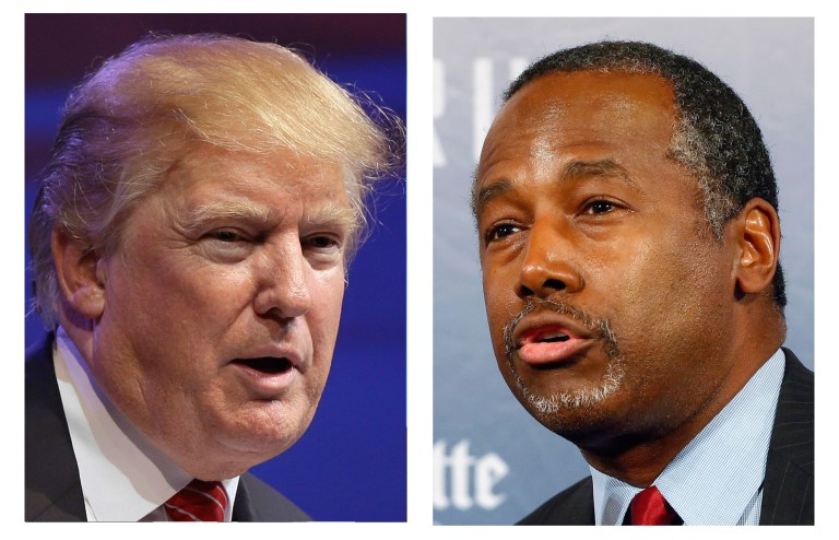 According to a new Monmouth poll, Donald Trump is now tied with Ben Carson at 23 percent for the lead in the Iowa caucuses. (AP Photos)