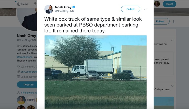 CNN tracked down what looked to be an identical, if not the same, truck parked Thursday in a parking lot at the Palm Beach County Sheriff's Department. (Screengrab)