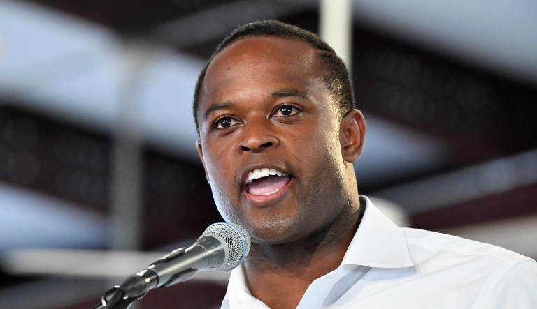 Kentucky republican candidate for Attorney General Daniel Cameron addresses the audience gathered at the Fancy Farm Picnic in Fancy Farm, Ky., Saturday, Aug. 3, 2019. 