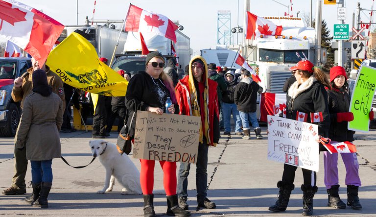 Protestors block traffic at the Ambassador Bridge, linking Windsor, Ontario and Detroit.
