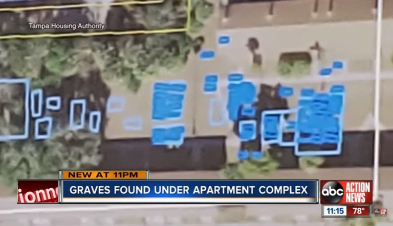 The radar signals of possible coffins are seen underneath a public housing complex in Tampa, Florida.