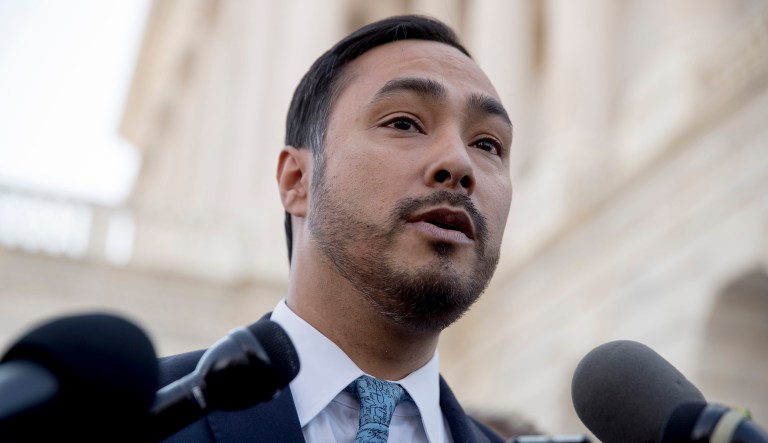 Rep. Joaquin Castro, D-Texas, speaks to reporters outside the Senate on Capitol Hill in Washington, Thursday, March 14, 2019, after the Senate rejected President Donald Trump's emergency border declaration.