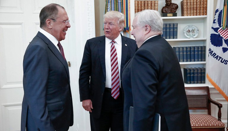 President Trump meets with Russian Foreign Minister Sergey Lavrov, left, and Russian Ambassador to the U.S. Sergei Kislyak at the White House.